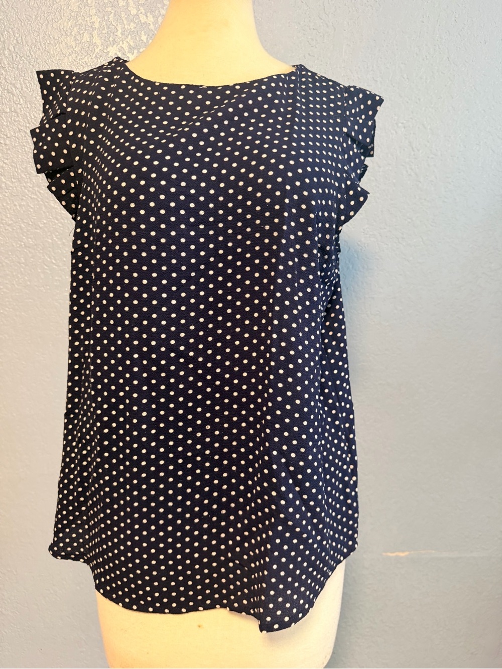Monteau Navy and White Polka Dot Ruffle Sleeve Camisole